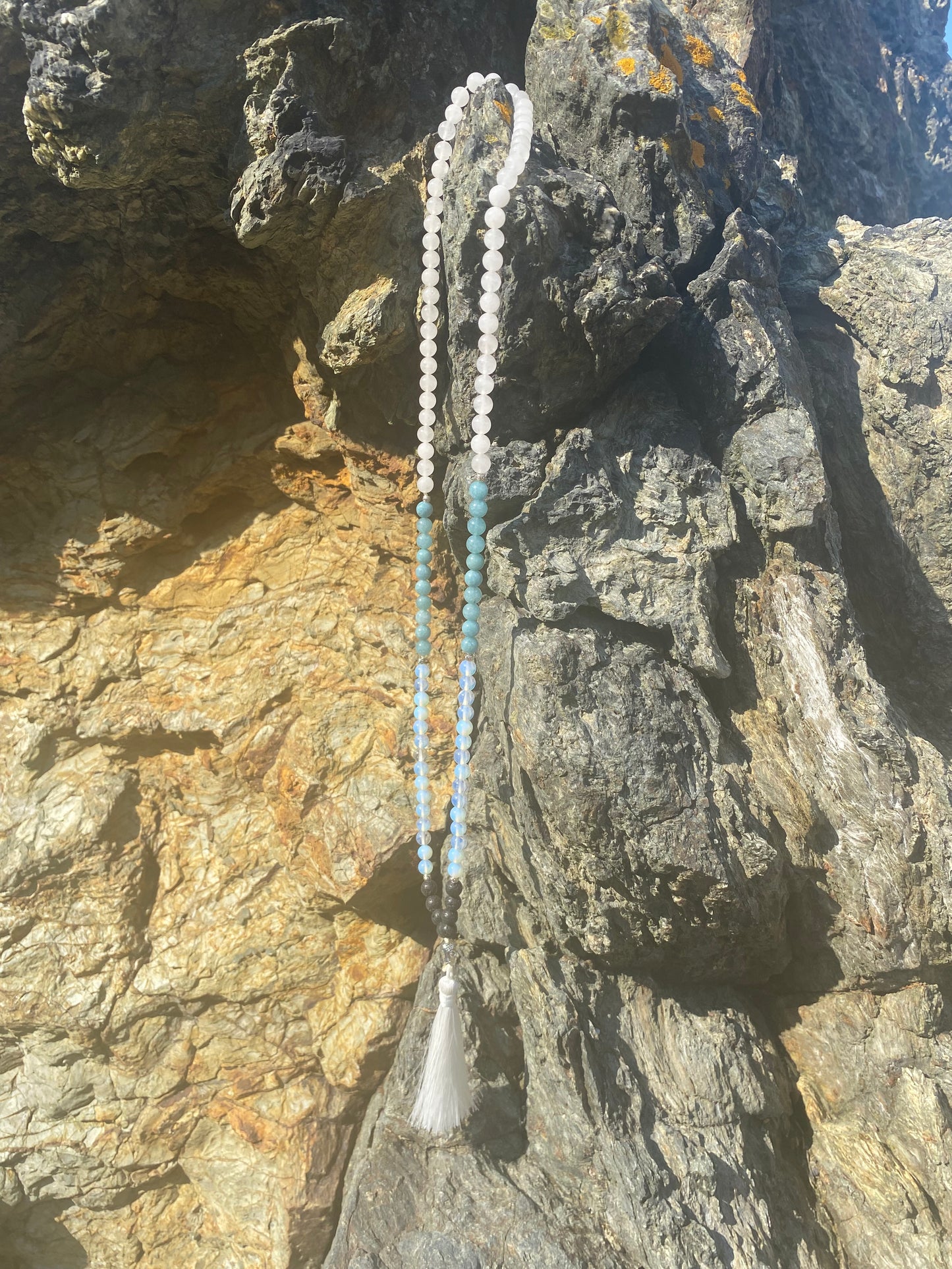 Mala - White Jade , Aqua marine, Opalite, Lava beads