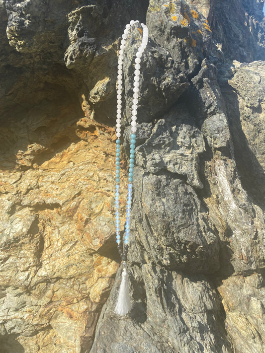 Mala - White Jade , Aqua marine, Opalite, Lava beads