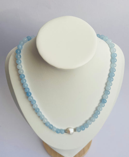 'FLO'    Aqua Marine - fresh water pearl (round bead) necklace